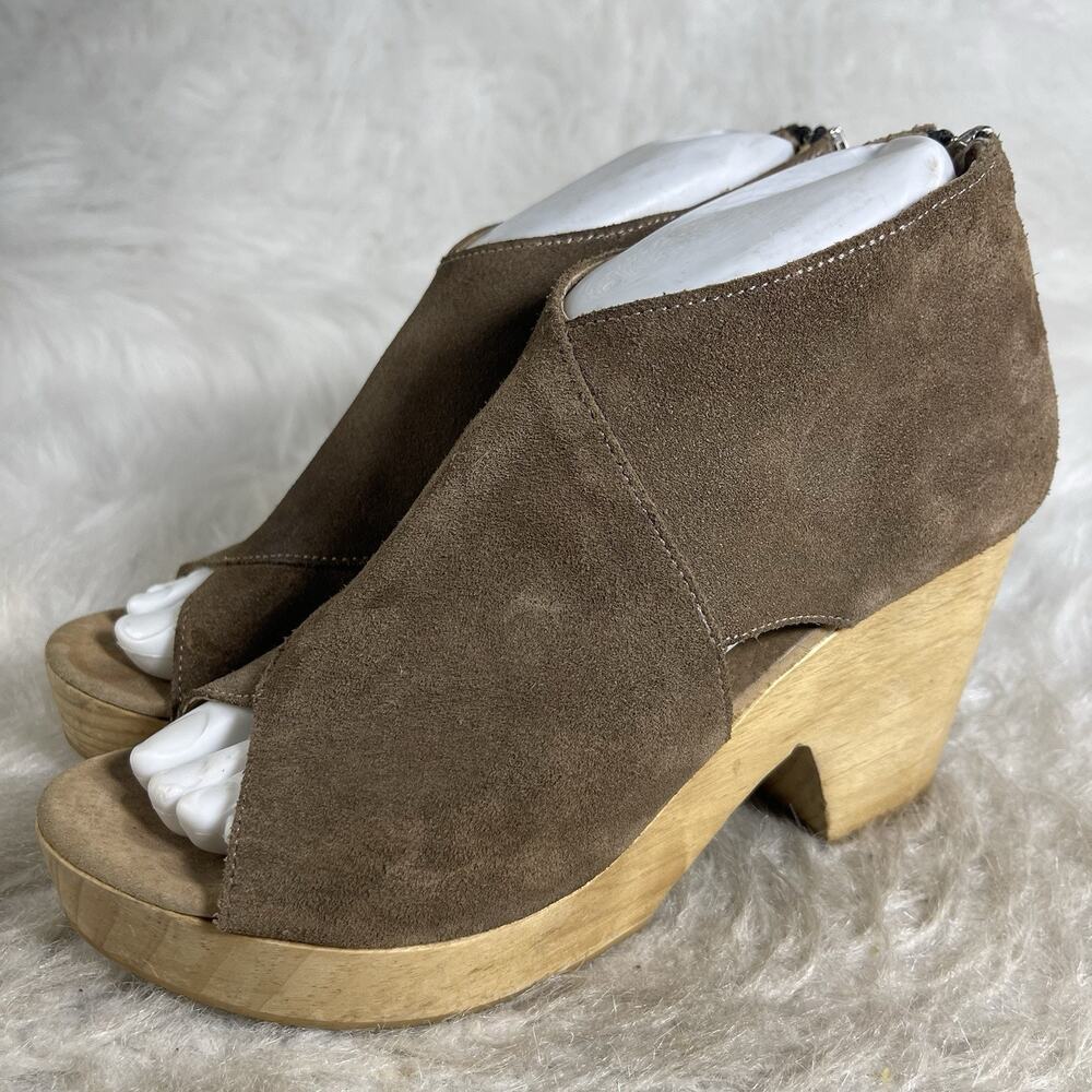 Free People Brown Suede Lace Up Peep Toe Wood Wedge Heels EU 37 US 6.5